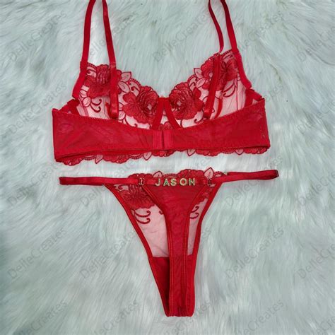 Custom Name Thong Flower Mesh Embroidery Gathered Lingerie Set Custom Thong With Letter Etsy