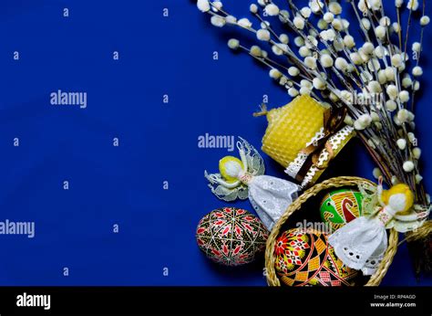 Easter Pussy Willow And Easter Egg On Blue Background Happy Easter