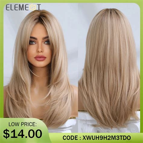 Element Synthetic Fiber Wigs For Women Long Straight Wavy Brown Blonde Wig With Bangs Heat