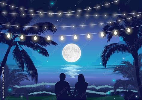 Romantic night beach scene with a couple sitting on the beach under the full moon, palms and ...