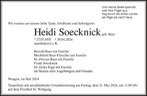 Traueranzeigen Von Heidi Soecknick Schwaebische De Trauerportal