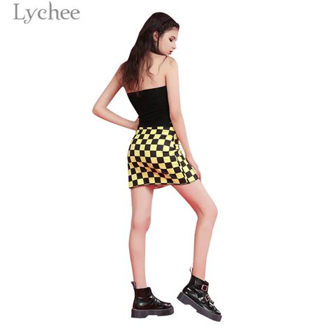 Lychee Harajuku Hit Color Side Zipper Plaid Women Skirt Checkerboard