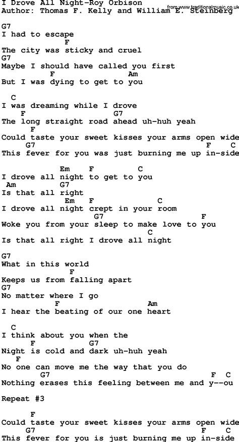 Country Music:I Drove All Night-Roy Orbison Lyrics and Chords