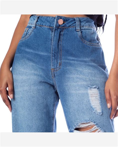 Riachuelo Cal A Jeans Feminina Optimist Wide Leg Destroyed Azul