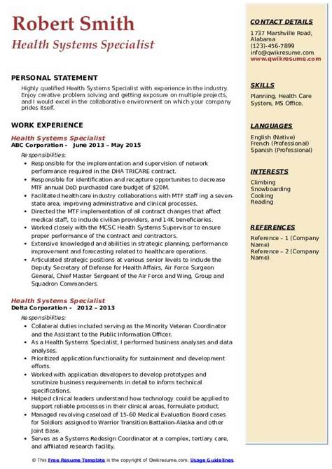 Health Systems Specialist Resume Samples Qwikresume