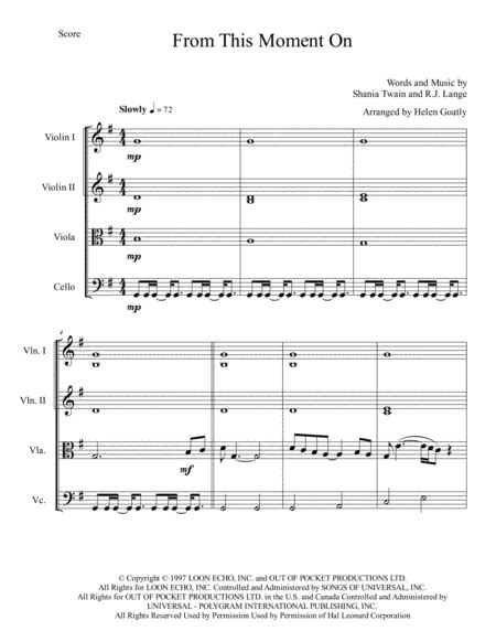 From This Moment On Arr Helen Goatly By Shania Twain Sheet Music For String Quartet At Sheet