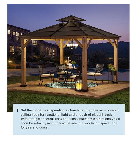 Sunjoy Outdoor Patio 11x11 Brown 2 Tier Wooden Frame Backyard Hardtop Gazebo With Ceiling Hook