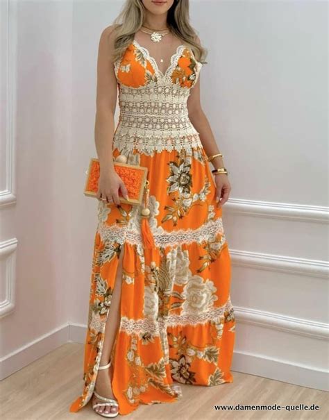 Kleider 2024 Empire Maxi Sommerkleid Lang In Orange Mit Spitze