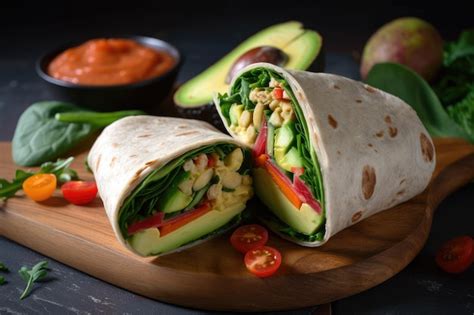 Premium Ai Image Delicious Veggie Wrap With Hummus And Avocado For A