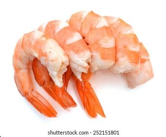 Five Cooked Unshelled Tiger Shrimps Isolated Stock Photo