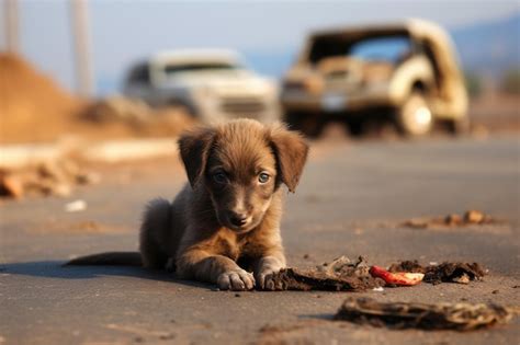 Triste cachorro abandonado na estrada nas férias de verão Foto Premium