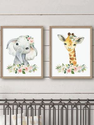 Trio De Quadros Aquarela Menina Animais Elefante Leoa Zebra