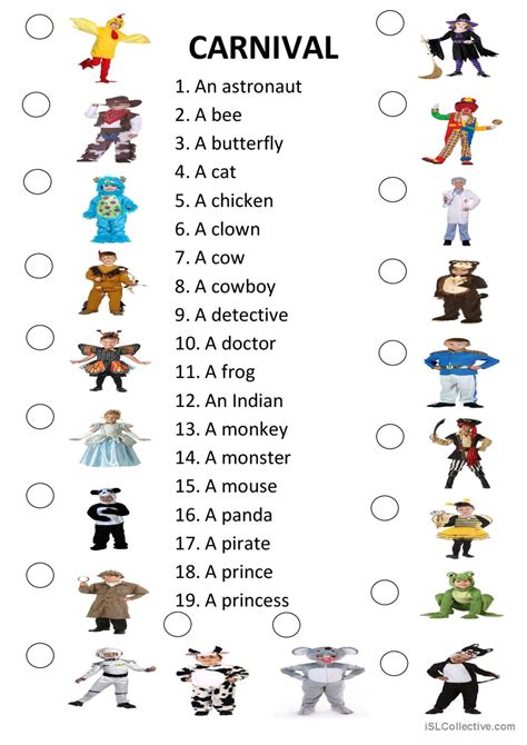 Carnival Costumes Matching English Esl Worksheets Pdf Doc