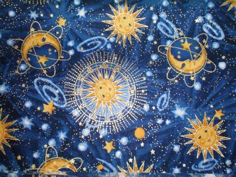 Celestial Fabric Moon Sun Stars Zodiac Calender Shiny Gold