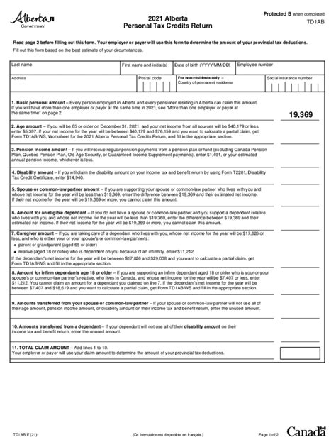 2021 Form Canada Td1ab E Alberta Fill Online Printable Fillable Blank Pdffiller