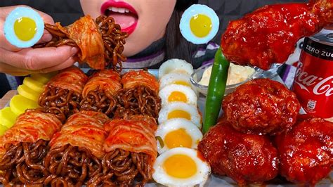 ASMR KIMCHI WRAPPED BLACK BEAN NOODLES SPICY FRIED CHICKEN QUAIL EGGS