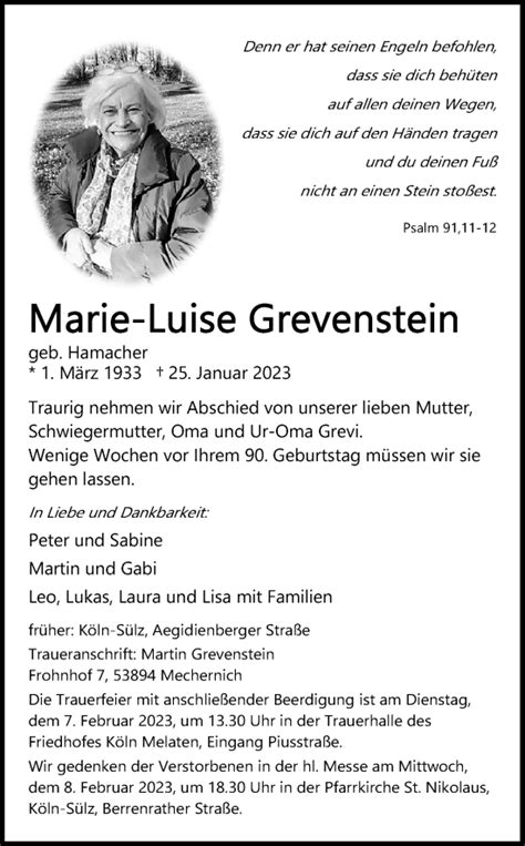 Traueranzeigen Von Marie Luise Grevenstein Wirtrauern