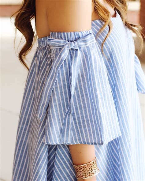 Blue Striped Off The Shoulder Dress Vogue For Breakfast