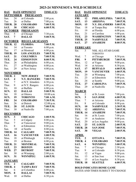 2023-24 Minnesota Wild Schedule : r/wildhockey