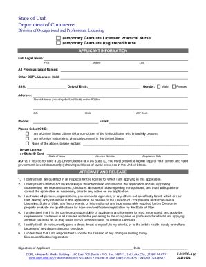 Fillable Online Dopl Utah Temporary Graduate Nurse Lpn Rn Application