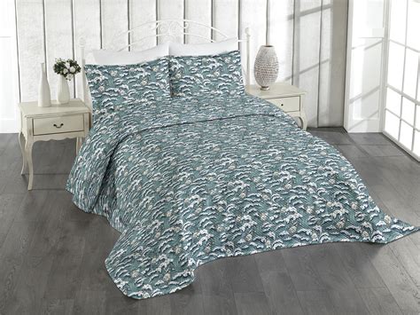 Ambesonne Ocean Quilted Coverlet Pcs Minimalist Wave Pattern Retro