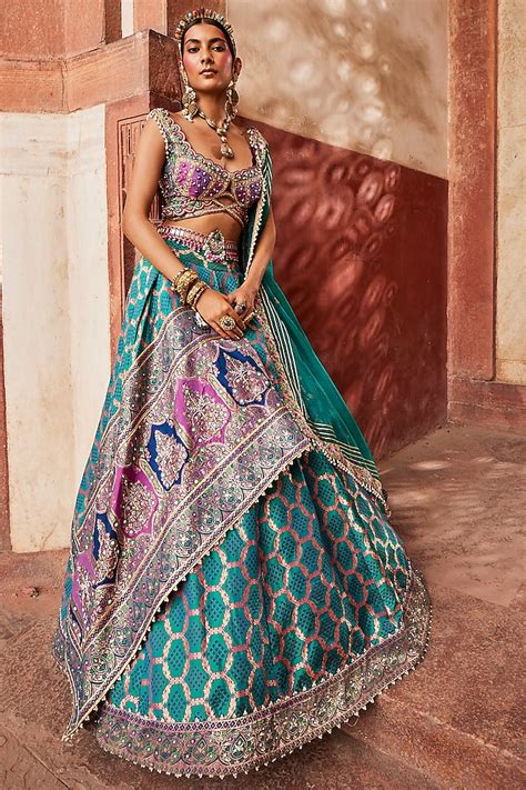 Teal Woven Silk Banarasi Wedding Lehenga Set By Aditi Gupta At Pernias