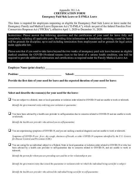 Fillable Online Appendix A Certification Form Emergency Paid Sick