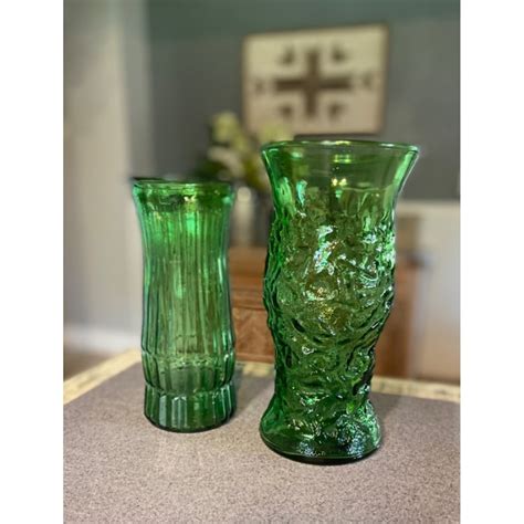 Pair Of Vintage Emerald Green Glass Vases By Eo Brody 9 12 Inches And 8 12 Inches Etsy