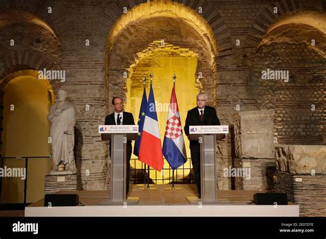 French President Francois Hollande (L) and Croatia's President Ivo Josipovic deliver speeches as ...