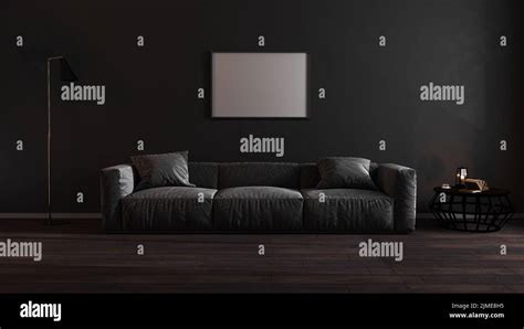 Horizontal Blank Poster Frames Mock Up In Luxury Dark Living Room