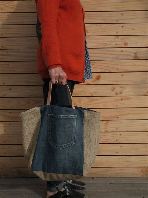 Nouveau cabas UPCYCLING jean s et toile de jute de sac à café Modèle