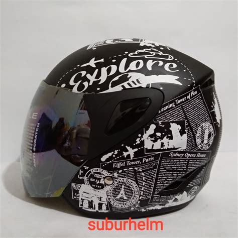 Jual HELM ASCA STRIKE MOTIF NEWS BLACK WHITE DOFF DAN GLOSSY HALF FACE