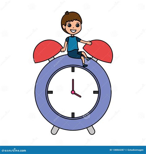 Little Boy Student With Alarm Clock Character Stock Vector