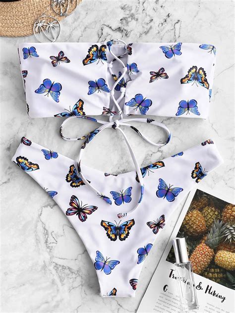 ZAFUL Butterfly Print Lace Up Bandeau Bikini Swimwear LIGHT BLUE LIGHT