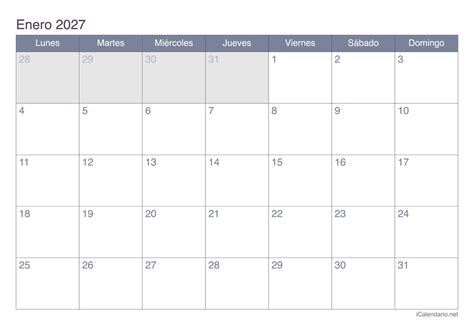 Calendario enero de 2027 para imprimir