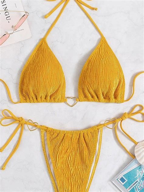 Emmiol Free Shipping 2023 Lace Up Ruched Velvet Bikini Set Yellow M In