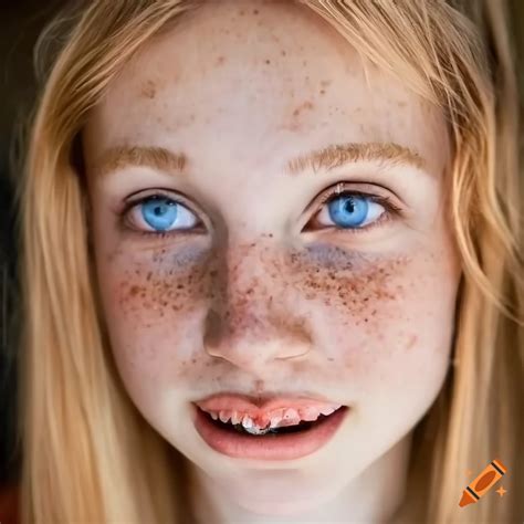 A Smiling Woman With Strawberry Blonde Hair And Blue Eyes And Freckles