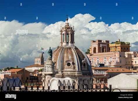 Rome Historical Center Skyline With Old Baroque Dome Trajan Column And