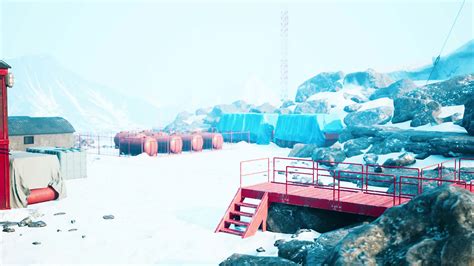 antarctic base set in a natural harbor in front of the Antarctic ...