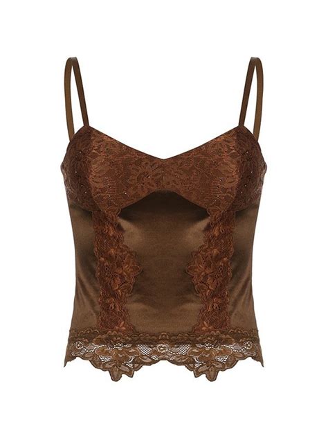 Emmiol Free Shipping 2023 Lace Paneled Satin Brown Cami Top Brown S In