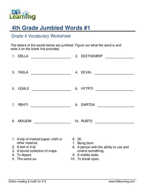 Fillable Online Vocabulary4th Grade Jumbled Words Fourth Grade 4 Worksheets Library