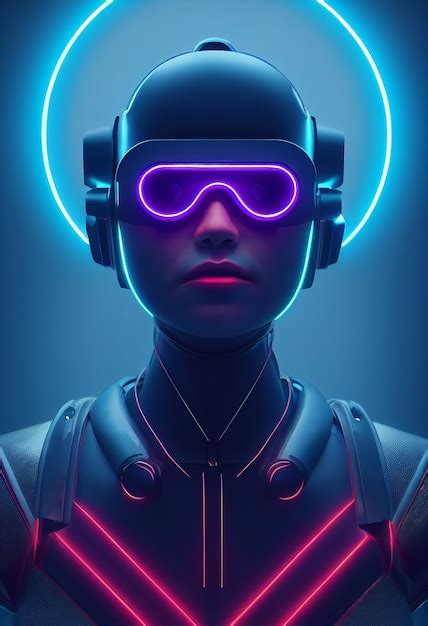 Belo ciborgue futurista capacete VR e corpo metálico brilhante na