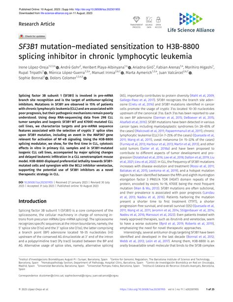 Pdf Sf3b1 Mutationmediated Sensitization To H3b 8800 Splicing