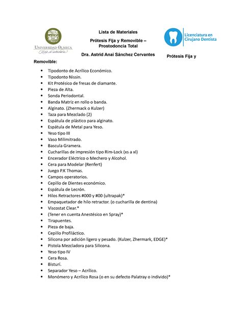 Lista De Materiales Pr Tesis Fija Y Removible Tipodonto De Acr Lico