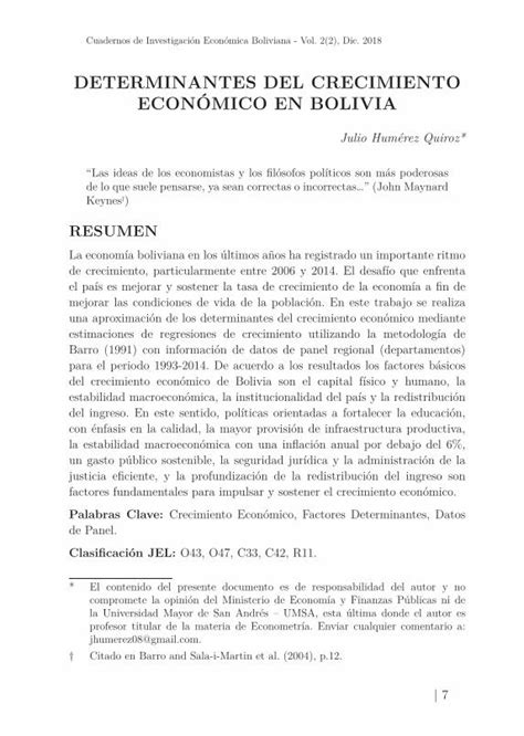 Pdf Determinantes Del Crecimiento Econ Mico En Bolivia