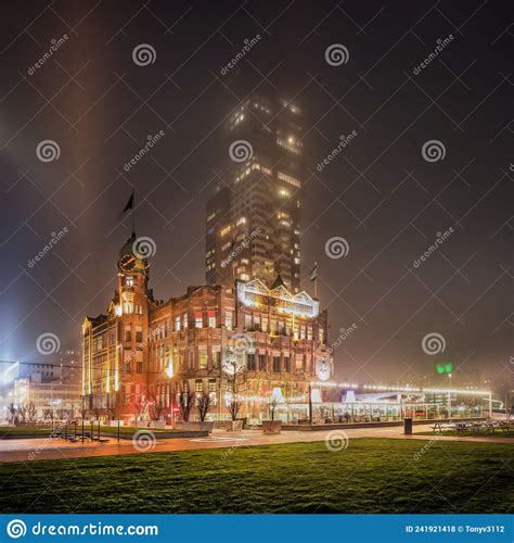 Hotel New York Rotterdam Shrouded In Fog At Night Editorial Stock