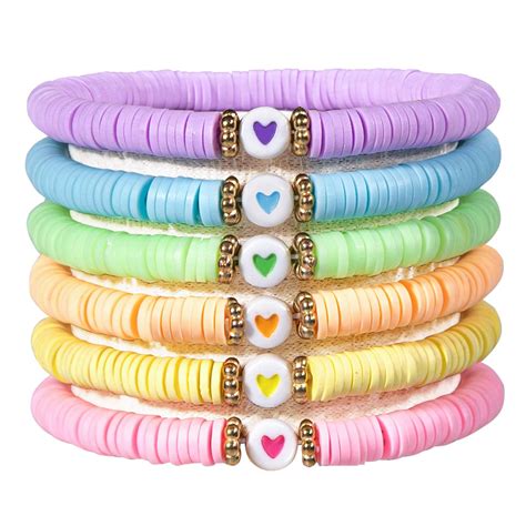 Jiashuyeye Preppy Bracelets Set Heart Colorful Heishi Surfer Stretch