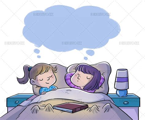 Illustration Of Two Girls In Bed Sleeping And Dreaming Illustrations