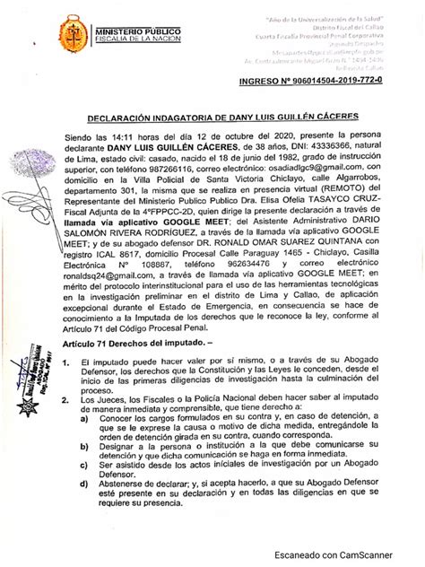 Declaración Indagatoria De Dany Luis Gillén Cáceres Pdf