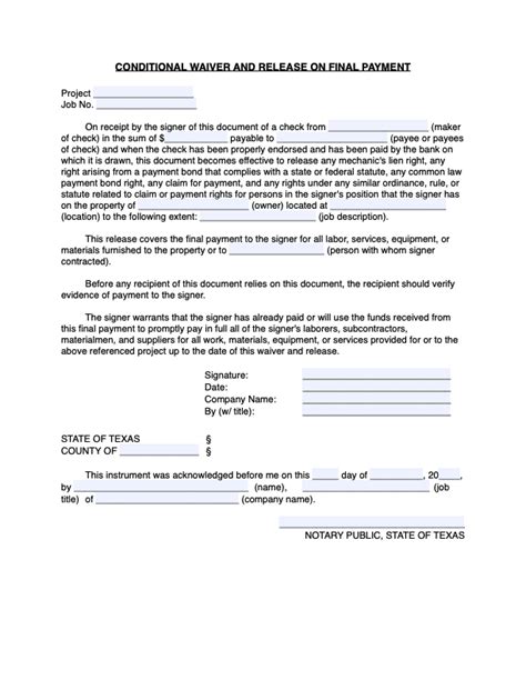 Conditional Lien Waiver Template Word